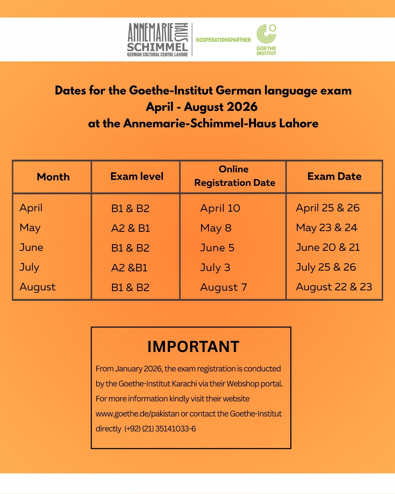 ASH Goethe Exam Dates 2026 Poster
